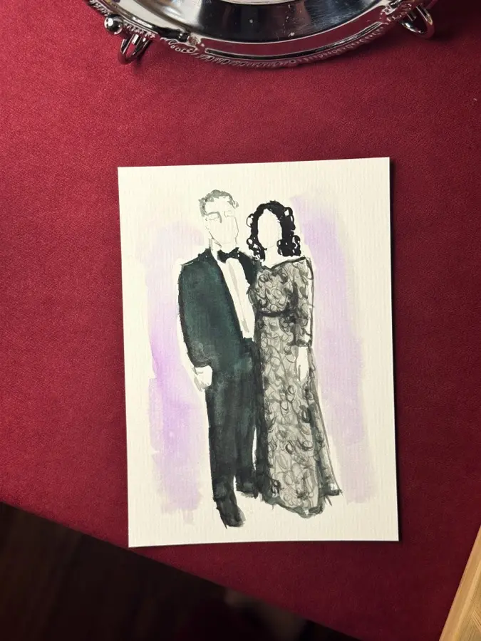 Akvarelni portret para u lila tonovima